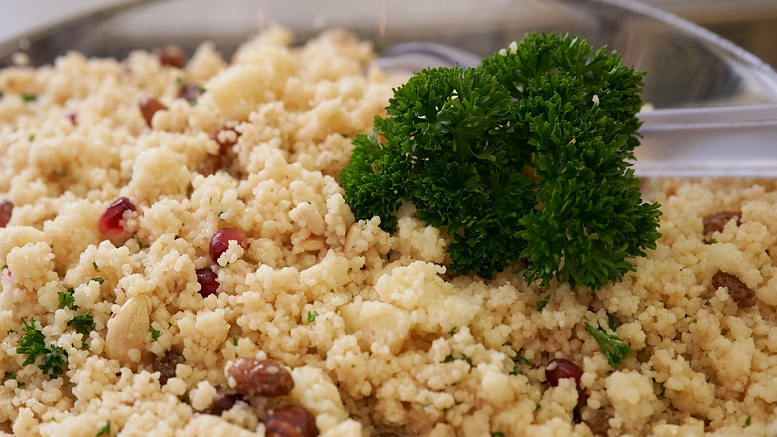 Image showing meal of garlic lamb, peppers and couscous