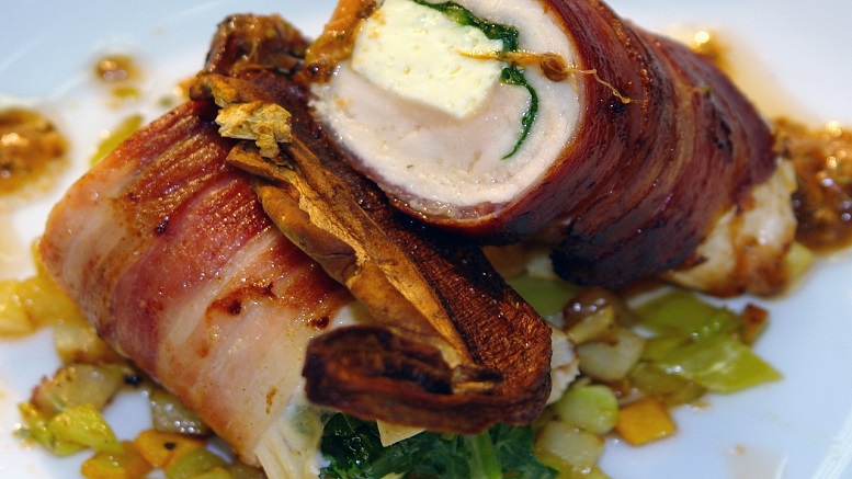 Chicken fillets stuff with mustard wrapped in bacon